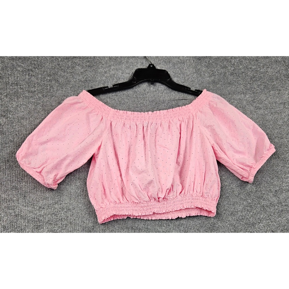 H&M Divided Pink Eyelet Off The Shoulder Smocked Crop Top Blouse Small Coquette